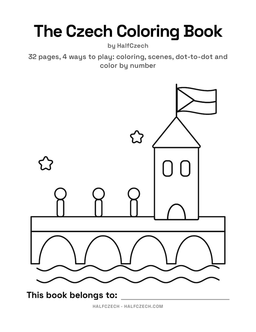 The Czech Coloring Book cover: Charles Bridge and Prague Castle to color.