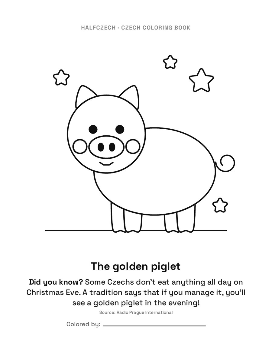 A Christmas page from The Czech Coloring Book: the golden piglet.