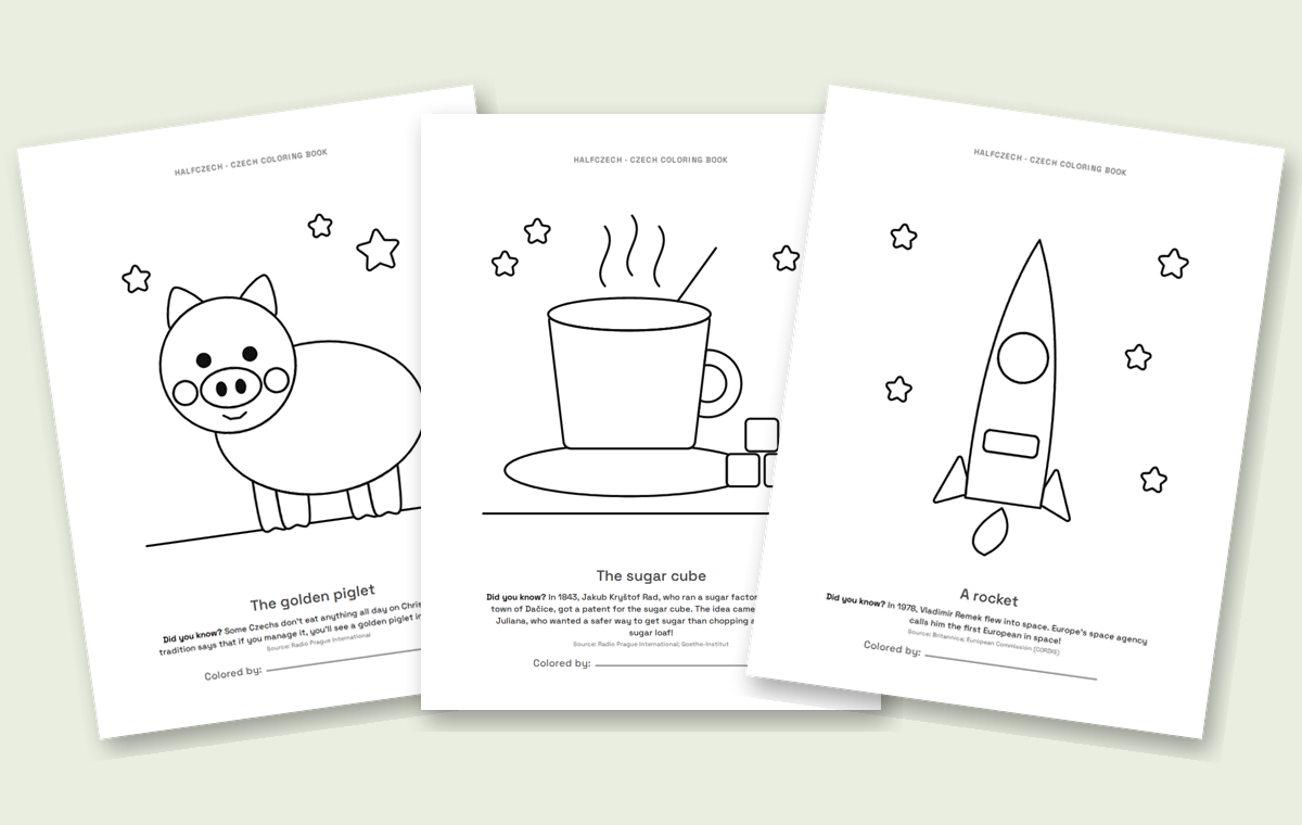 Three of the free Czech coloring pages: a golden piglet, the sugar cube and a rocket