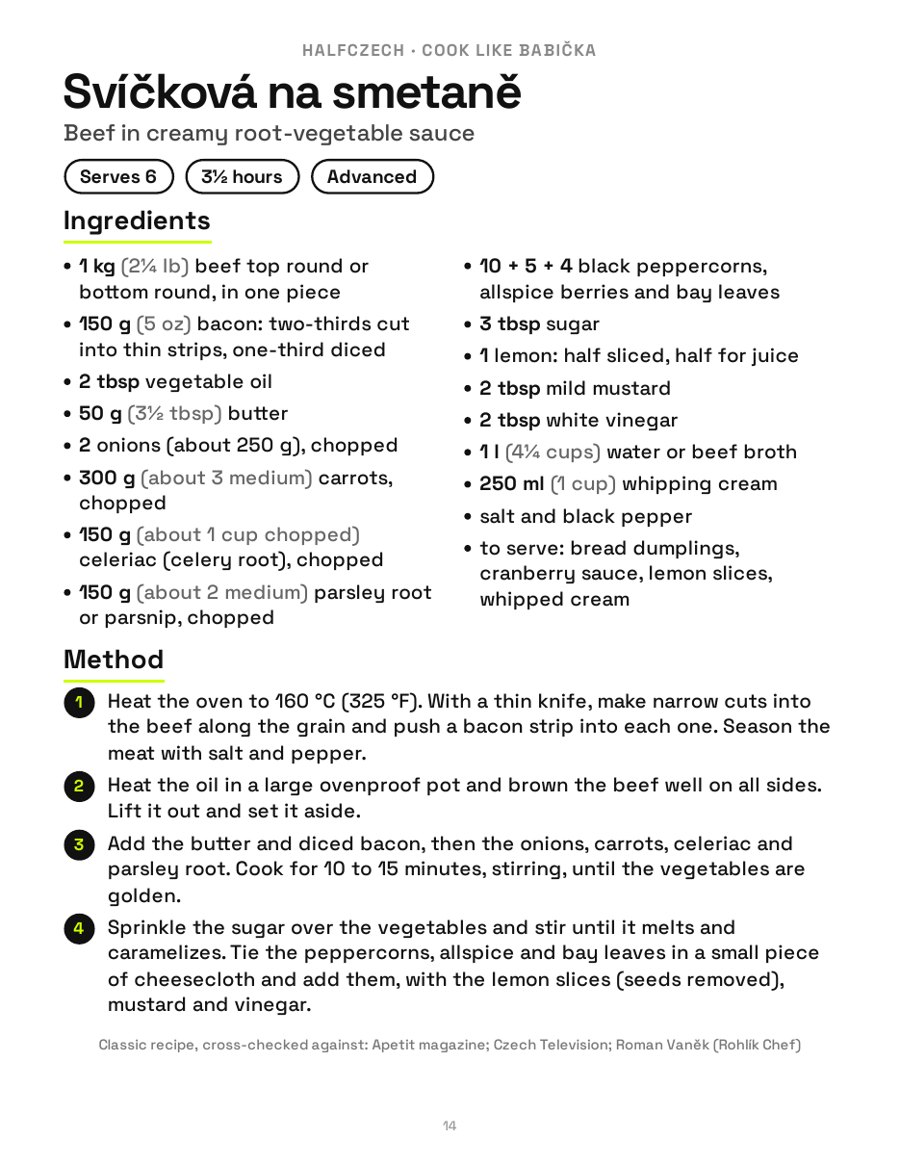 Svíčková recipe, page 1: ingredients and method.