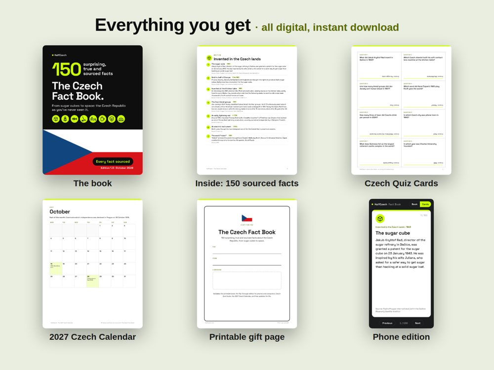 Everything included: the book, a sample page, quiz cards, the 2027 calendar, the gift page and the phone edition.